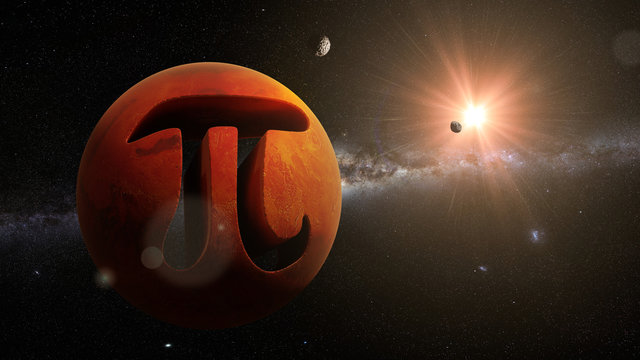 Pi Symbol And Planet Mars, Mathematical Constant In Outer Space (surreal 3d Illustration)