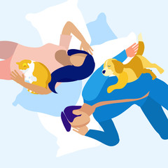 Man and Woman Sleeping with Pets Illustration