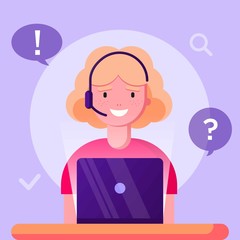 Young woman Operator of call center office with laptop working in headphones. Customer service character answer questions and find solution. Illustration vector. Can use for web banner, infographics,