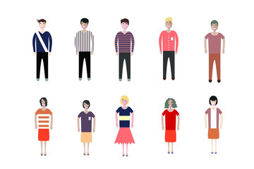 Young people, teenagers and students. Fashion man and woman in modern clothes. Different characters stay on white background.