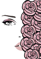 Beautiful woman portrait beauty skincare concept with roses on face. Hand drawn vector fashion illustration in pink color. Glamour Female portrait of magic floral fairy. Beauty, fashion, design.