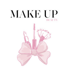 Fashion vector background with hand drawn cosmetics: lipstick mascara, makeup brush with bow. bunch of decorative cosmetics tied with beautiful ribbon. Makeup beauty fashion vector illustration