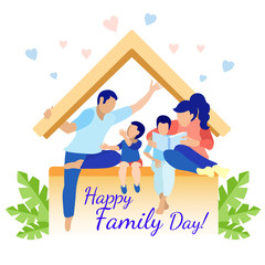 Happy Family Sitting under Metaphor Roof Cartoon