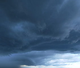 Heavy storm clouds, panorama. Powerful cumulonimbus clouds in front of heavy rain or hail.