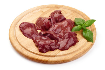 Raw Chicken livers on a cutting board, ingredients for cooking, close-up, isolated on white background