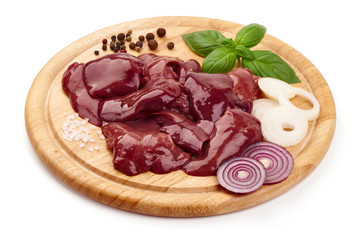 Raw Chicken livers on a cutting board, Fresh offal, close-up, isolated on white background