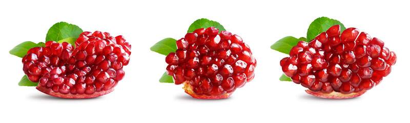Pomegranate Collection. Cut Pomegranate with Green Leaves Isolated on White. Full Depth of Field 