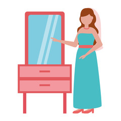 cute bride in dress with mirror wedding day