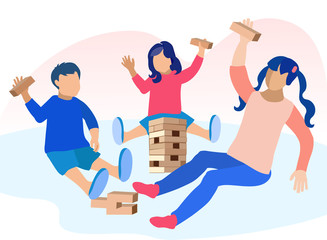 Kids Playing Tower Risk Game with Build Toy Brick