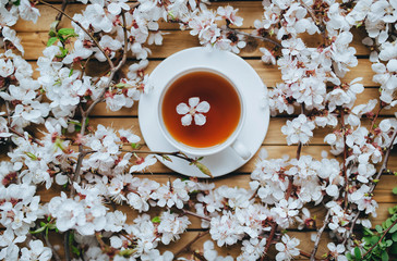 White round cup with a fragrant, flowered black tea tea on a wooden background, decorated with apricot twigs and petals. Early breakfast, health, herbal treatment. Concept and composition.