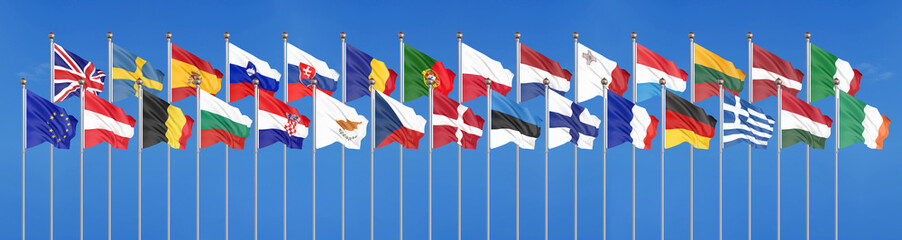 Silk waving 28 flags of countries of European Union. Blue sky background. 3D illustration. - Illustration