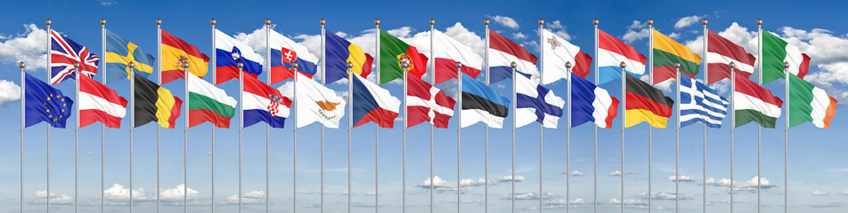 Silk waving 28 flags of countries of European Union. Blue sky background. 3D illustration. - Illustration