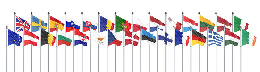 Silk waving 28 flags of countries of European Union. Isolated on white. 3D illustration. - Illustration