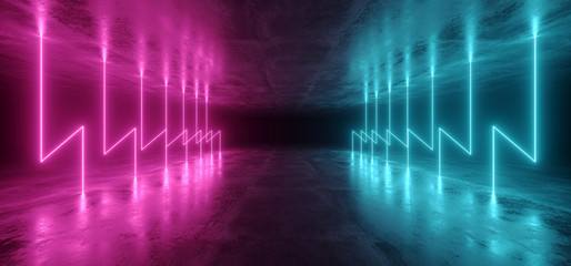 Futuristic Neon Lights Laser Purple Blue Glowing Modern Retro Sci Fi Elegant Spaceship Club Night Dark Garage Underground Grunge Concrete Reflections Abstract Beams 3D Rendering
