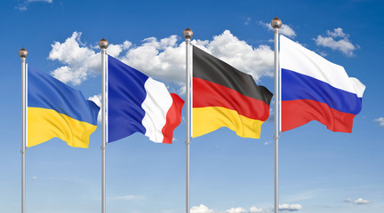 Fototapeta na wymiar Flags of France, Germany, Russia, and Ukraine. Normandy Format meeting on eastern Ukraine. 3D illustration on sky background. – Illustration.
