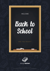 Welcome Back to School banner with chalkboard and dark hand draw doodle background.