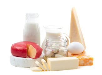 Group of Various Dairy Foods Isolated on a White Background