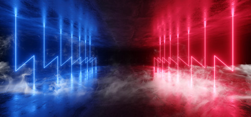 Smoke Futuristic Neon Lights Laser Blue Red Glowing Modern Retro Sci Fi Elegant Spaceship Club Night Dark Garage Underground Grunge Concrete Reflections Abstract Beams 3D Rendering
