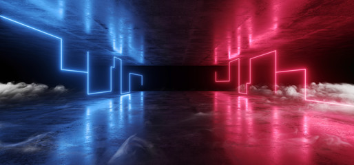 Smoke Futuristic Neon Lights Laser Purple Blue Glowing Modern Retro Sci Fi Elegant Spaceship Club Night Dark Garage Underground Grunge Concrete Reflections Abstract Beams 3D Rendering