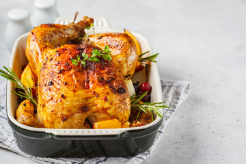 Christmas or Thanksgiving chicken, copy space.
