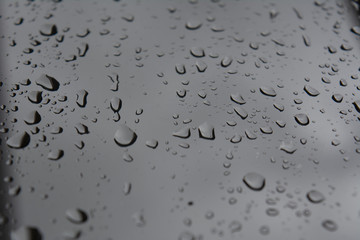 Close up of raindrops on window, dark lighting 