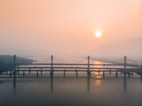 Aerial view of Panjim bridge over Mandovi river during the sunrise in central Goa state of India.