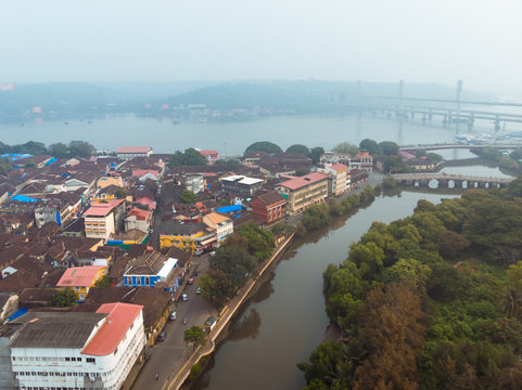 Aerial view of Fontainhas neighbourhood in old quarter Panjim, overlooking Mandovi river in Central Goa , India