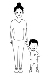 Single mother with children cartoon in black and white