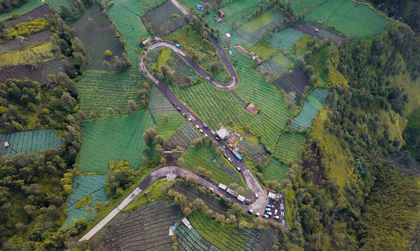 Aerial view of the trek to sunrise view point over mount Bromo in Java island of Indonesia.