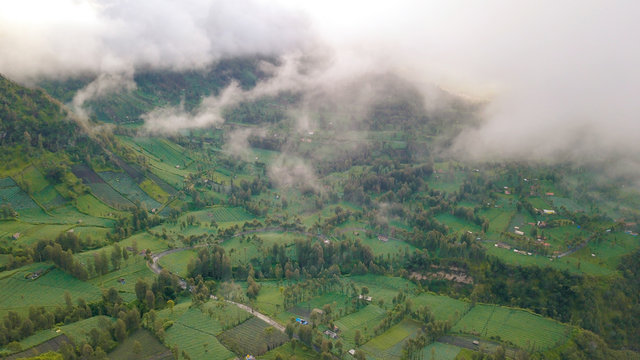 Aerial view of Seruni Point on a foggy morning in East of Java Island of Indonesia.