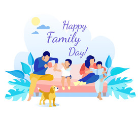 Fototapeta na wymiar Father, Mother and Kids Rest on Sofa Greeting Card