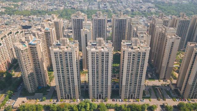 Aerial view of multistoreys buildings of ATS society in day light, Indrapuram, Delhi ncr, India.