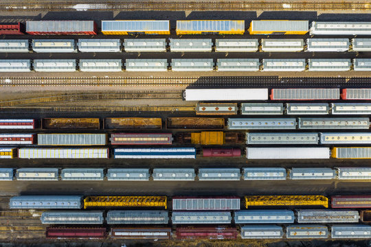 Aerial view of rail cars waiting at a staging railyard station in Aurora, IL - USA