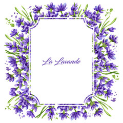 Watercolor border in retro style with violet lavender flowers and leaves. Vintage rectangle-shaped frame with organic texture in purple and green colors isolated on a white background