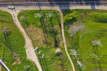 Aerial view of a high voltage electricity power lines and network in Aurora, IL, United States