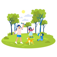 Obraz na płótnie Canvas Children Playing in Park Flat Cartoon Illustration