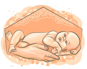 Baby in the arms of his parent. Hand-drawn, color sketch depicting the hands of a parent carefully and carefully holding the baby. Watercolor style.