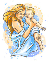 Mother with baby. Hand-drawn, color sketch depicting a happy mother holding a baby in her arms on a white background. Watercolor style