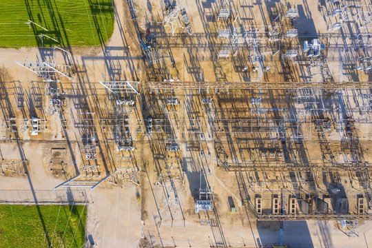 Aerial view of a high voltage electricity distribution facility in Aurora, IL, United States
