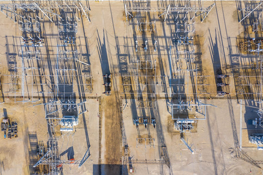 Aerial view of a high voltage electricity distribution facility in Aurora, IL, United States