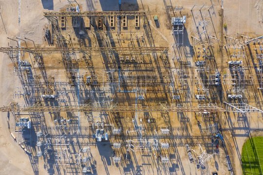 Aerial view of a high voltage electricity distribution facility in Aurora, IL, United States