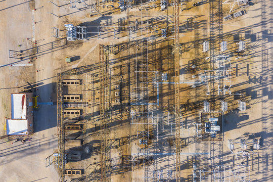 Aerial view of a high voltage electricity distribution facility in Aurora, IL, United States