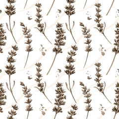 Watercolor seamless pattern in retro style with lavender flowers and leaves. Decorative monochrome floral background for a wedding or branding design in sepia colors