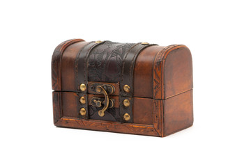 Antique wooden box isolated on white background.