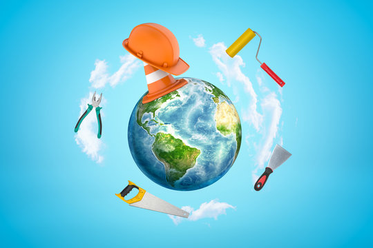 3d rendering of colored earth globe with orange hard hat and construction instruments on blue sky background