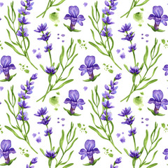 Watercolor seamless pattern in retro style with violet lavender flowers and leaves. Decorative floral background for a wedding or branding design in purple and green colors