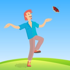 A man happily jumping on a summer meadow.