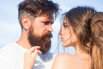 Passionate man gently kissing beautiful woman with desire. Kiss each other teasing enjoying...