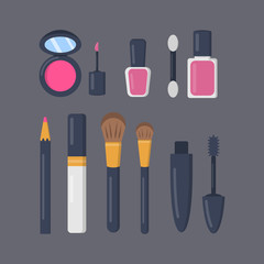 Make up cosmetics set of vector icons in cartoon style. Lipstick and pomade fashion makeup collection. Beauty salon and woman cosmetic magazine illustrations.
