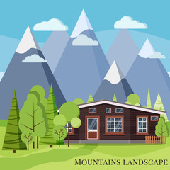 Spring or summer mountain landscape nature scene with rural wooden farm house, fences, green trees